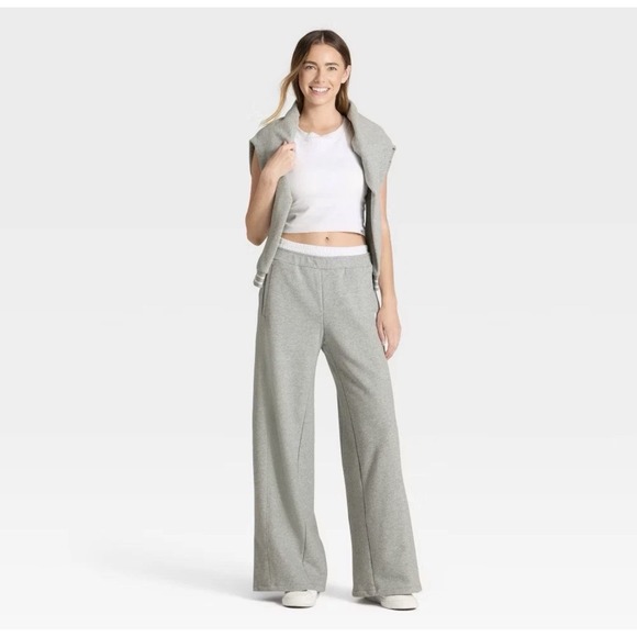 Women's French Terry Wide Leg Sweatpants - JoyLab Heathered Gray L - Picture 3 of 7